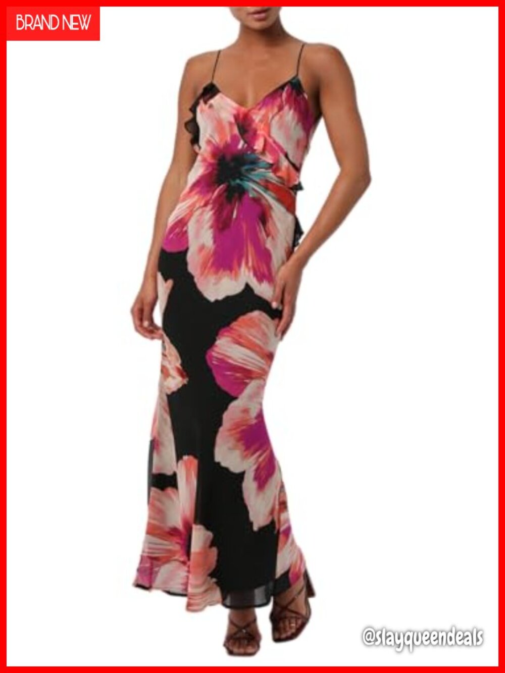 Lulus Sawyer Bold Floral Chiffon Maxi Dress V-Neck Backless Slip Formal Wedding